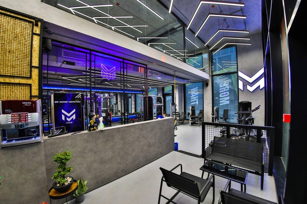 The main floor at MORE, with the mark lit on the back wall